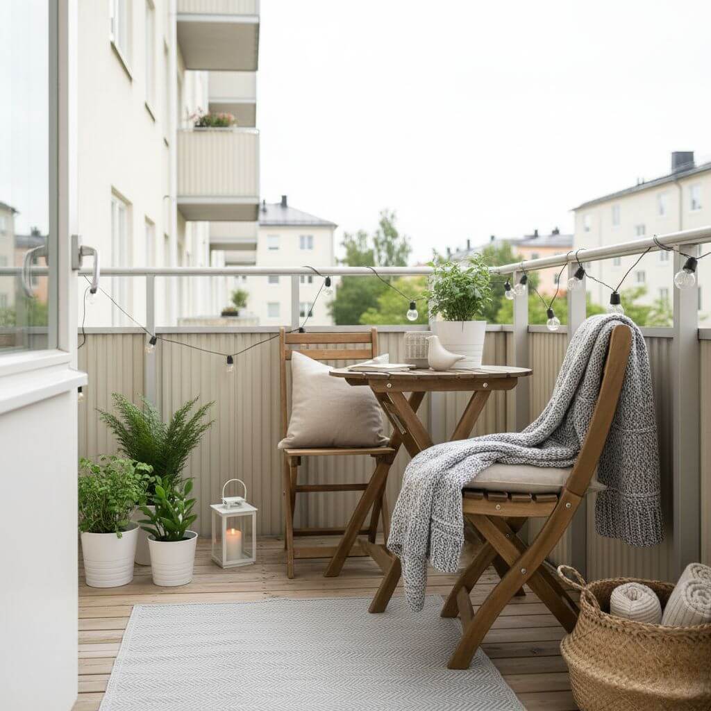 Skandynawski balkon w bloku z przytulnymi tekstyliami 