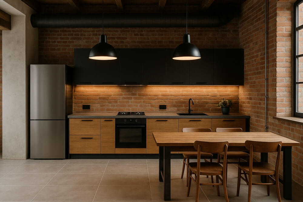 kuchnia loft z dodatkiem cegły