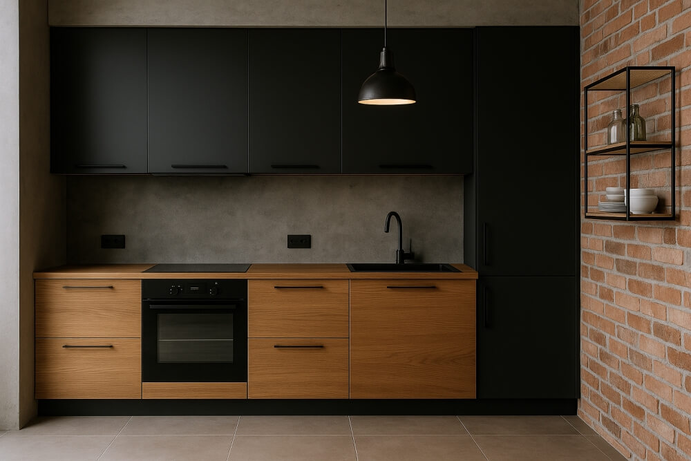 kuchnia loft z dodatkiem surowych faktur