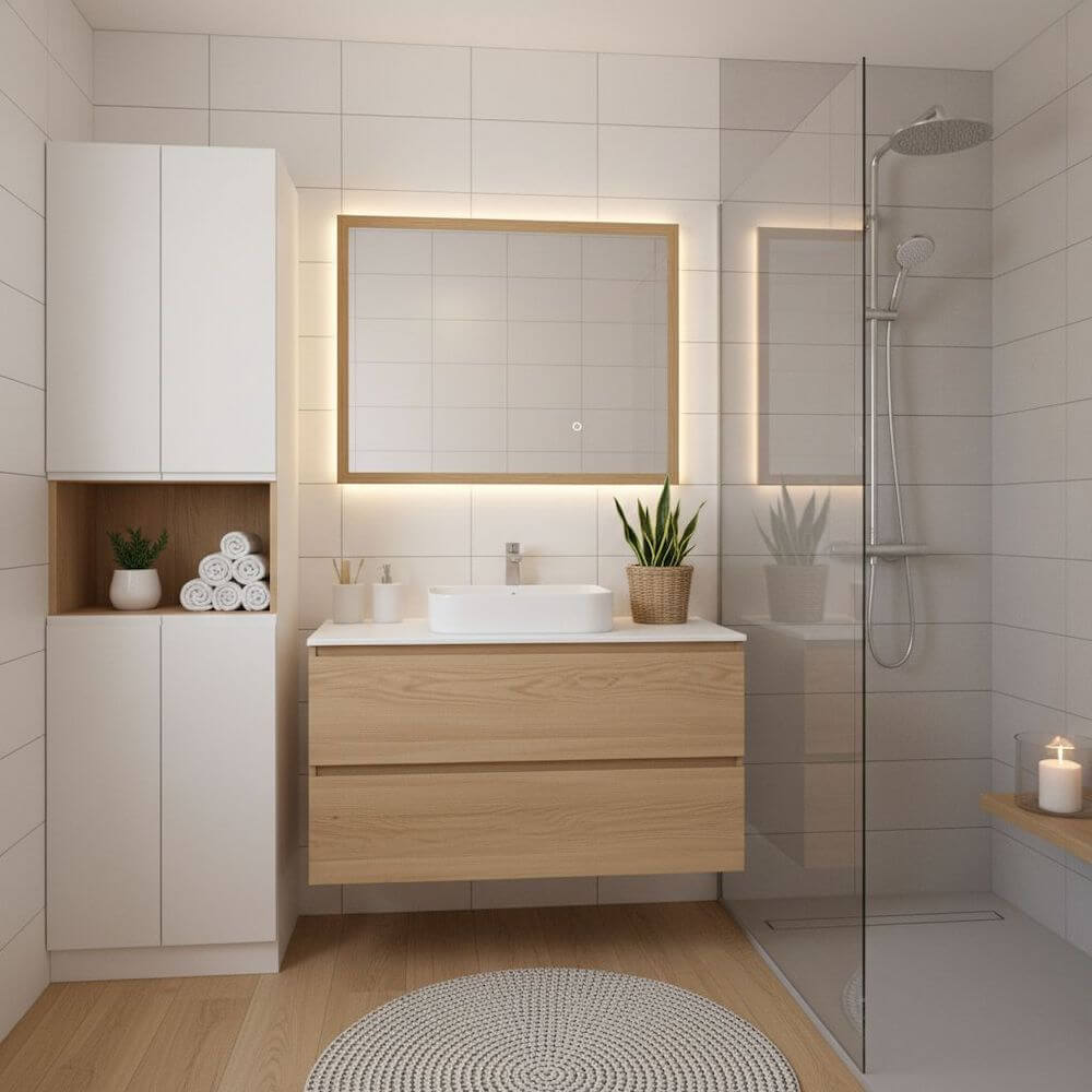 Mała łazienka w bloku z prysznicem - styl skandynawski 