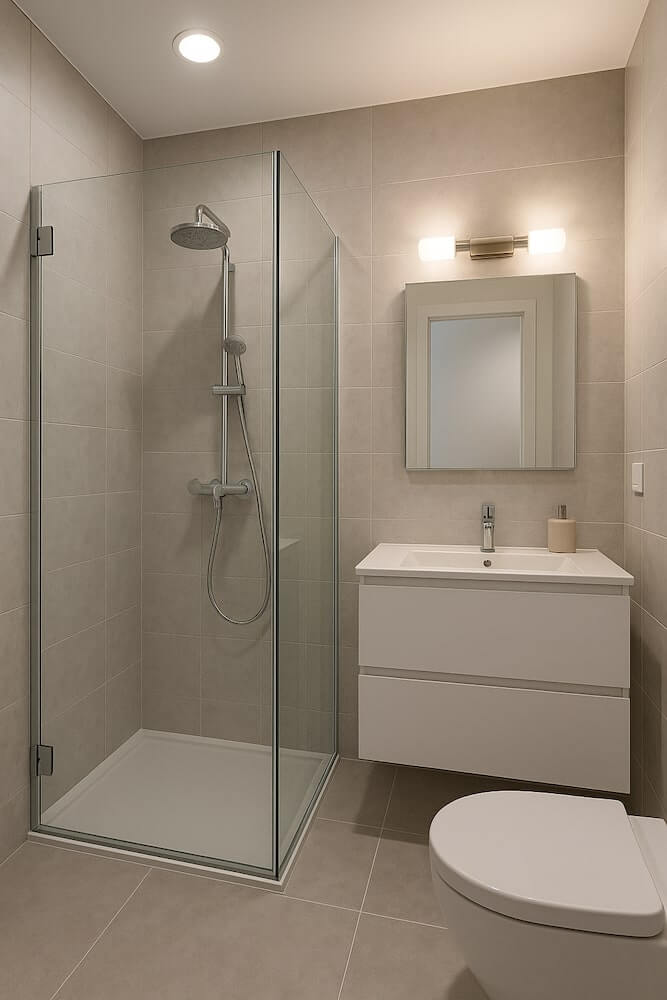 Mała łazienka w bloku z prysznicem i oświetleniem strefowym 