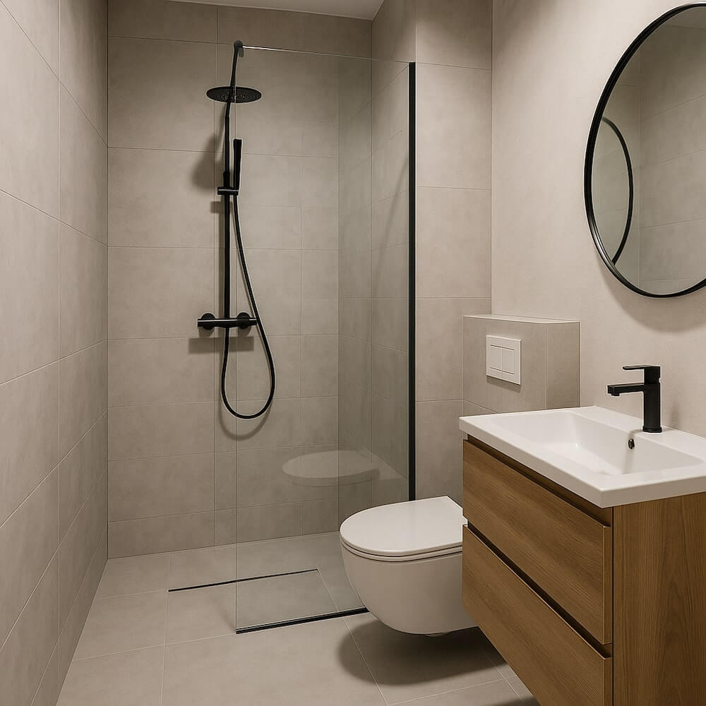 Prysznic walk in w małej łazience w bloku 