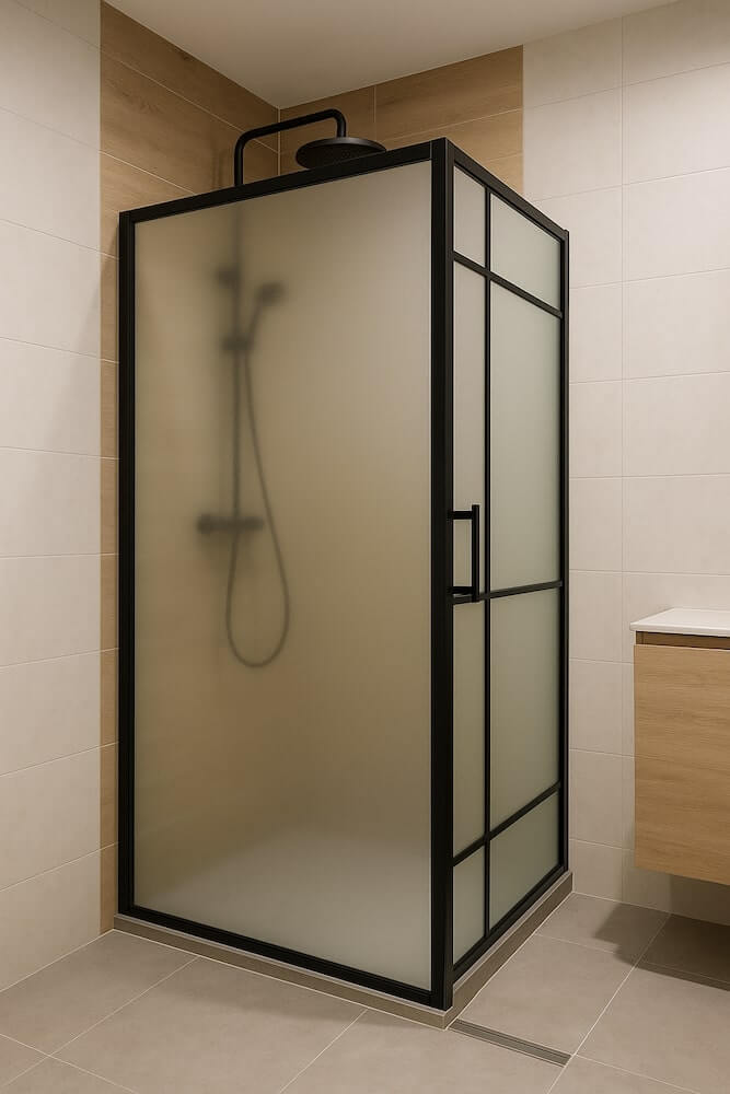 Mała łazienka w bloku z prysznicem z szybami mlecznymi 