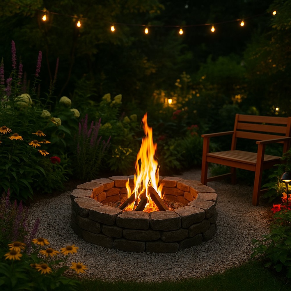 ognisko w ogrodzie z roślinami i ławką 