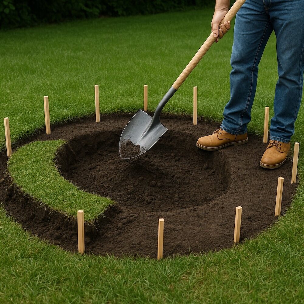 ognisko w ogrodzie z kamieni - wykopanie dziury 