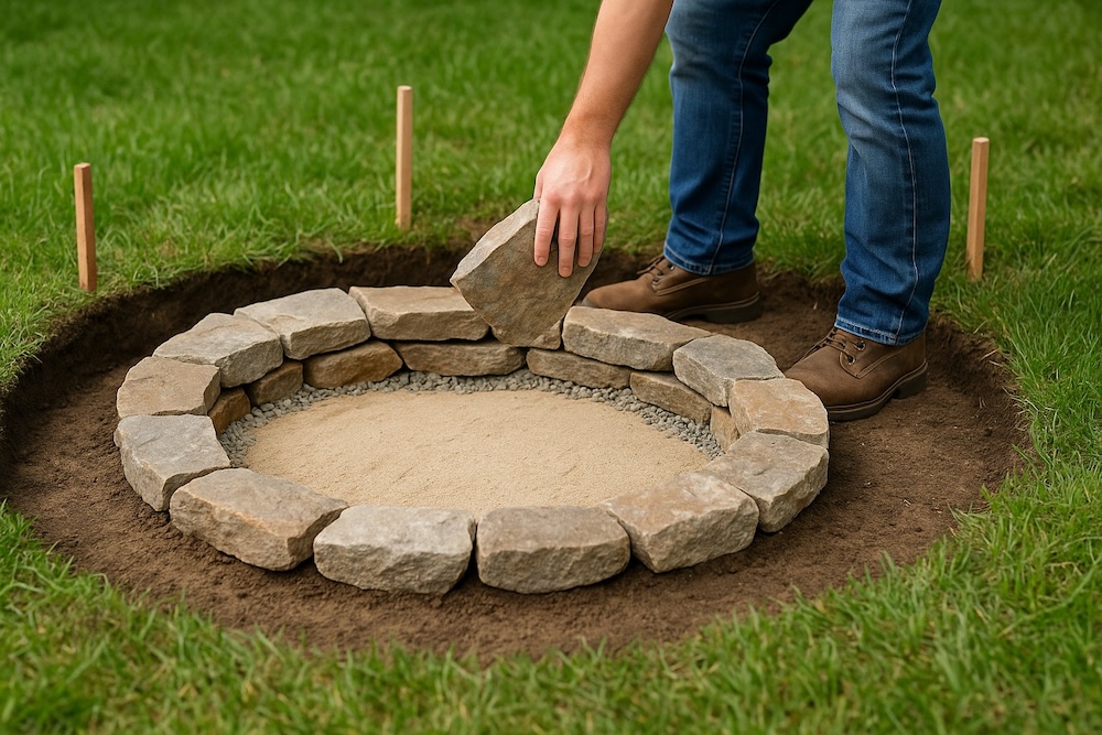 ognisko w ogrodzie z kamieni - układanie okręgu z kamieni 