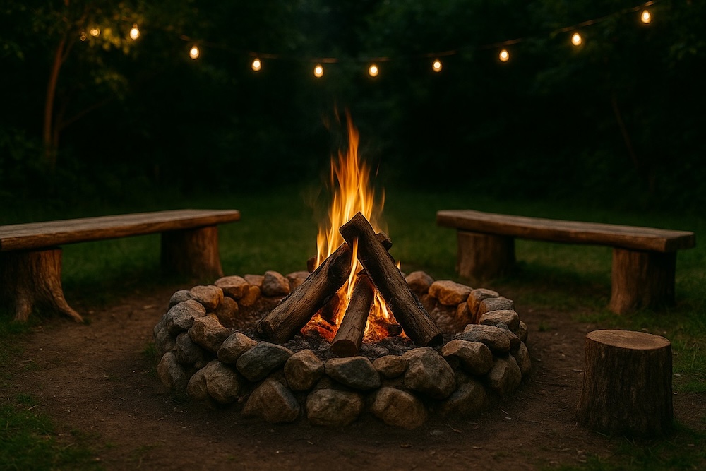 ognisko w ogrodzie z kamieni z dwiema ławkami 