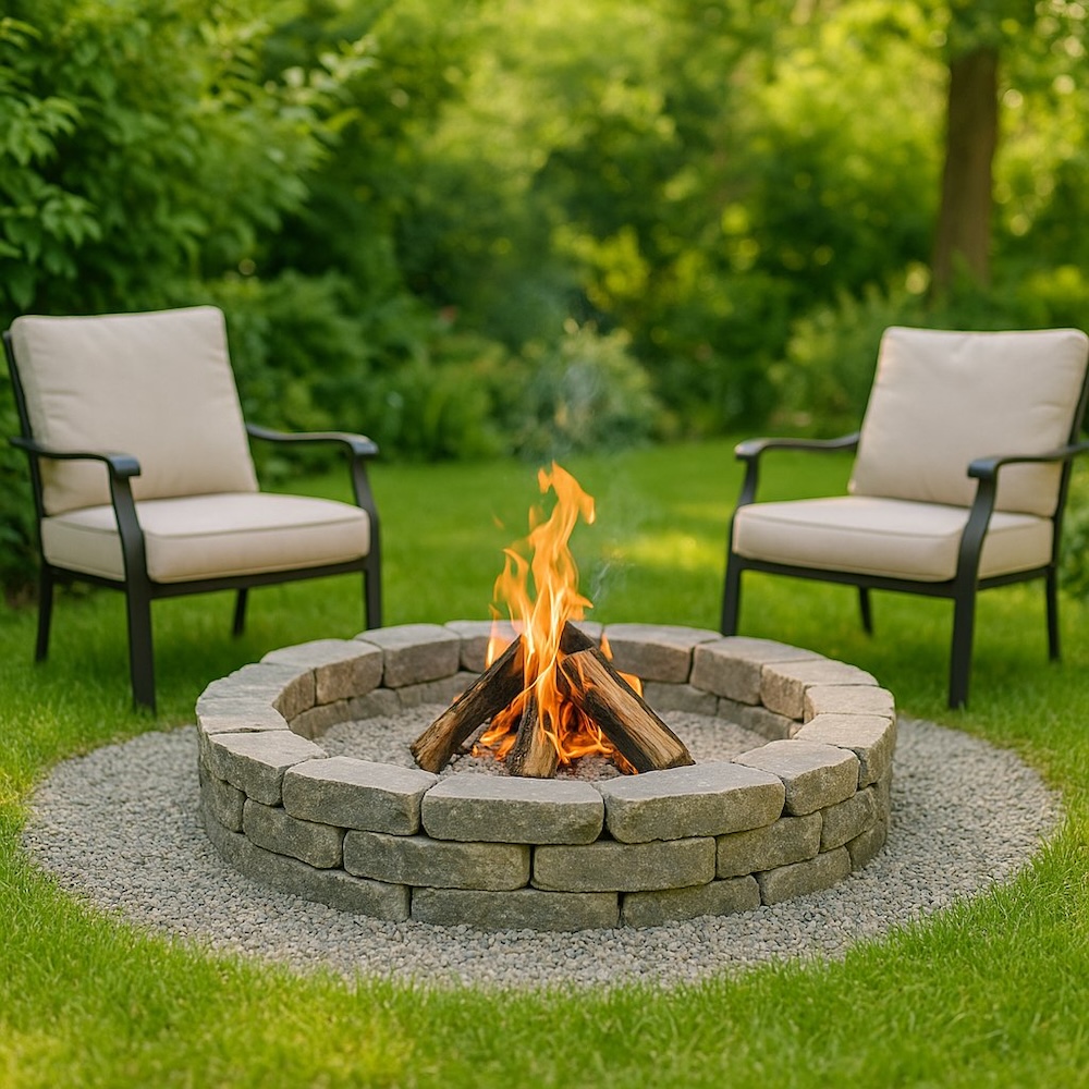 ognisko z dwoma fotelami w ogrodzie 