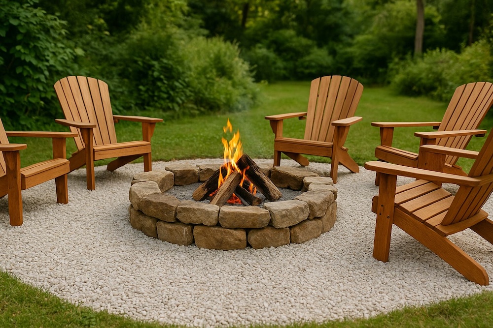 ognisko z krzesłami z drewna na podłożu z kamyków 