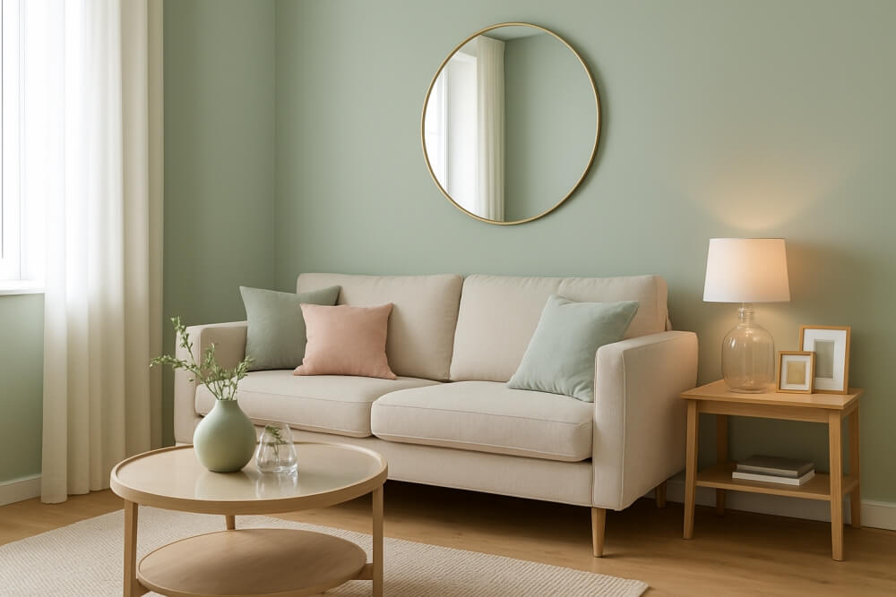 salon w bloku w kolorystyce pastelowej