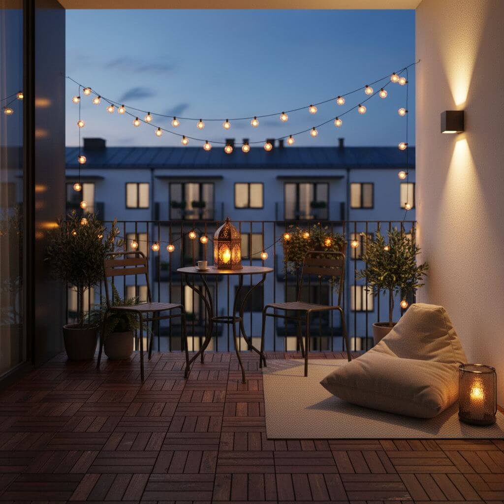 Klimatyczne oświetlenie na balkonie 