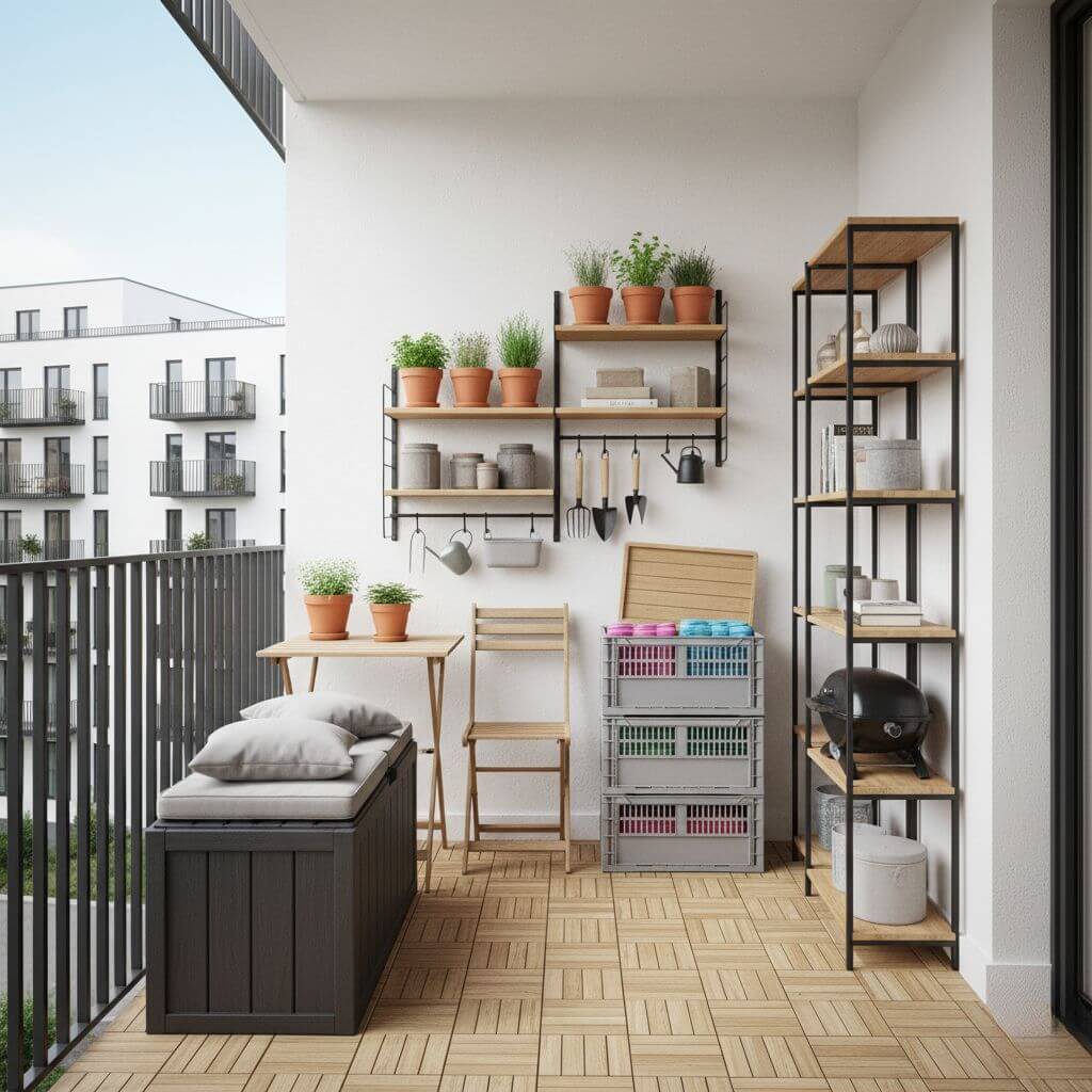 Pomysł na balkon w bloku z miejscem do przechowywania 