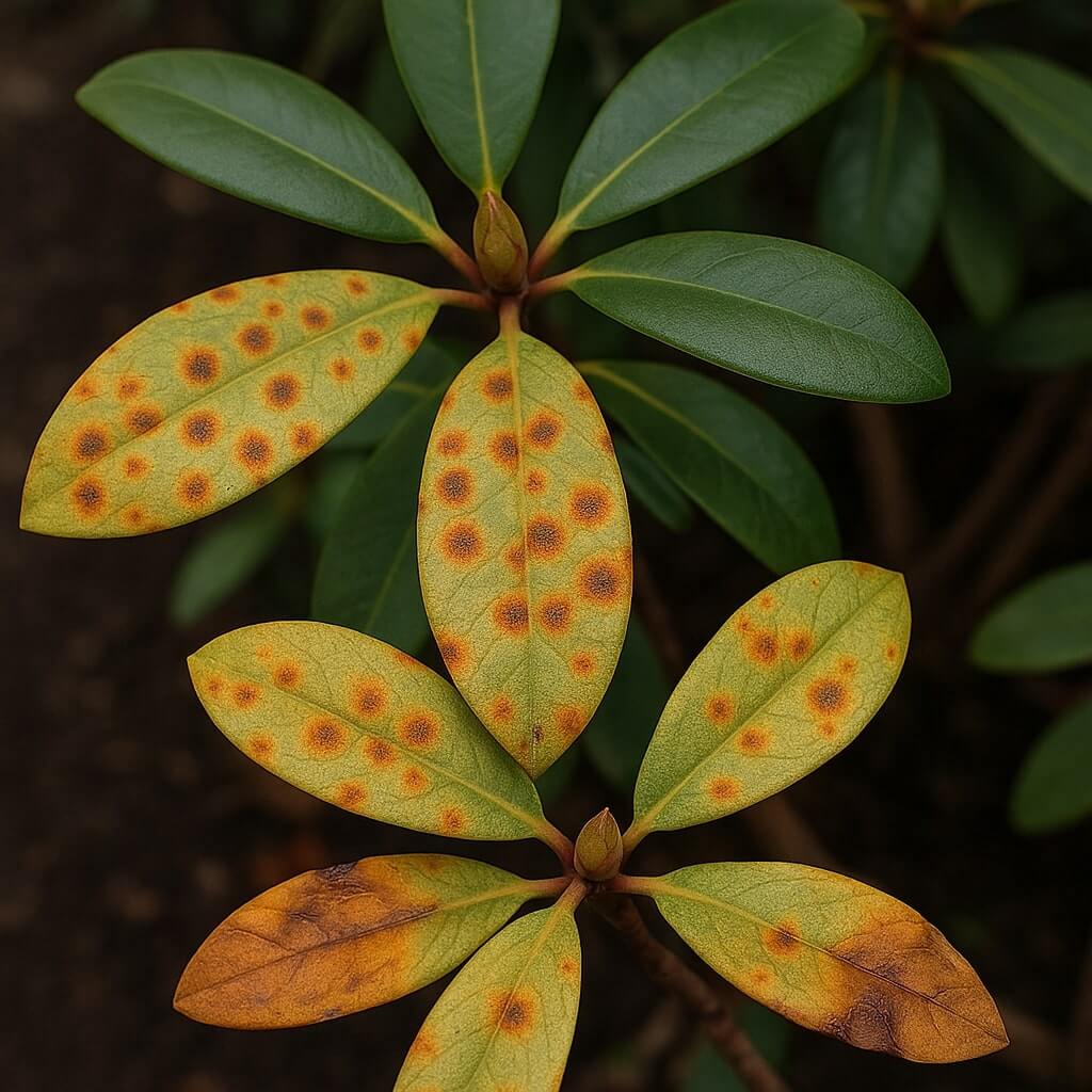 Rdza rododendronów na liściach