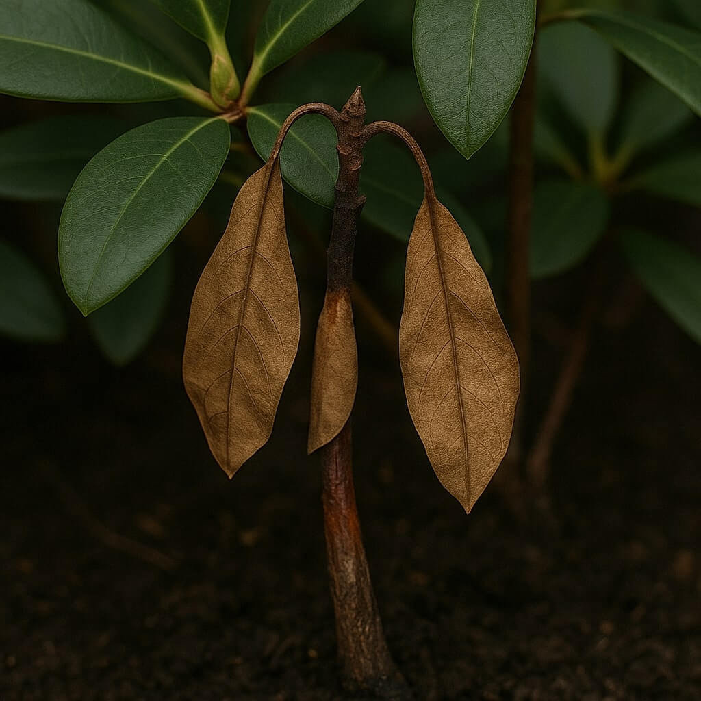 Choroby rododendronów - zgorzel podstawy pędów
