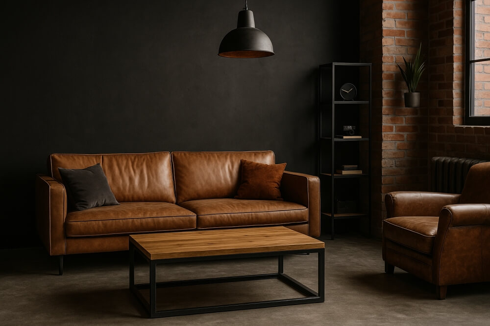 salon z grafitową ścianą za skórzaną sofą 