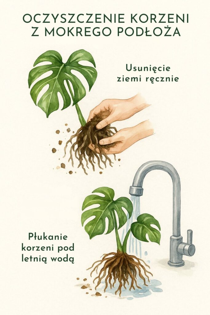 oczyszczanie korzeni monstery z przelanego podłoża