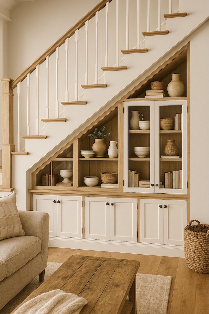 ozdobna zabudowa w salonie pod schodami 