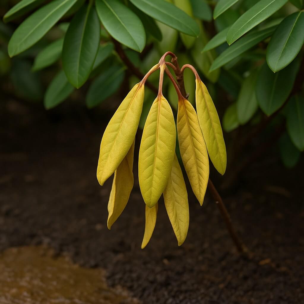 Nadmierne podlewanie rododendronów objawiające się żółknięciem liści