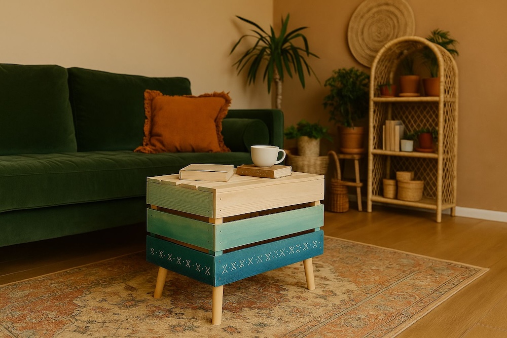 salon ze stolikiem ze skrzyni z ręcznie malowanymi wzorami 