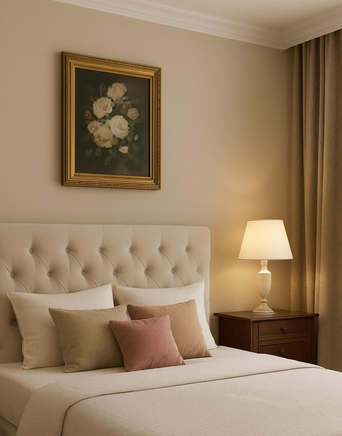 klasyczna sypialnia w jasnych kolorach 