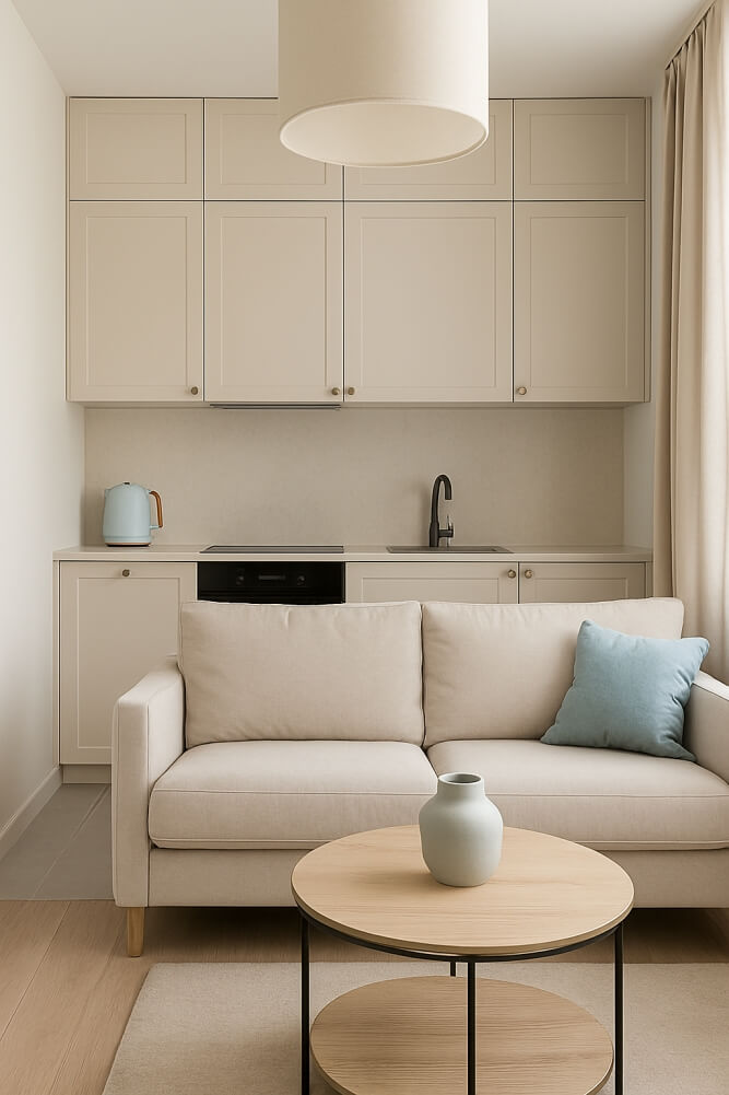 biała kuchnia z salonem z niebieskimi akcentami 