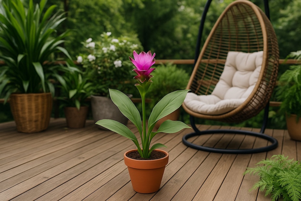 kurkuma na tarasie obok huśtawki 