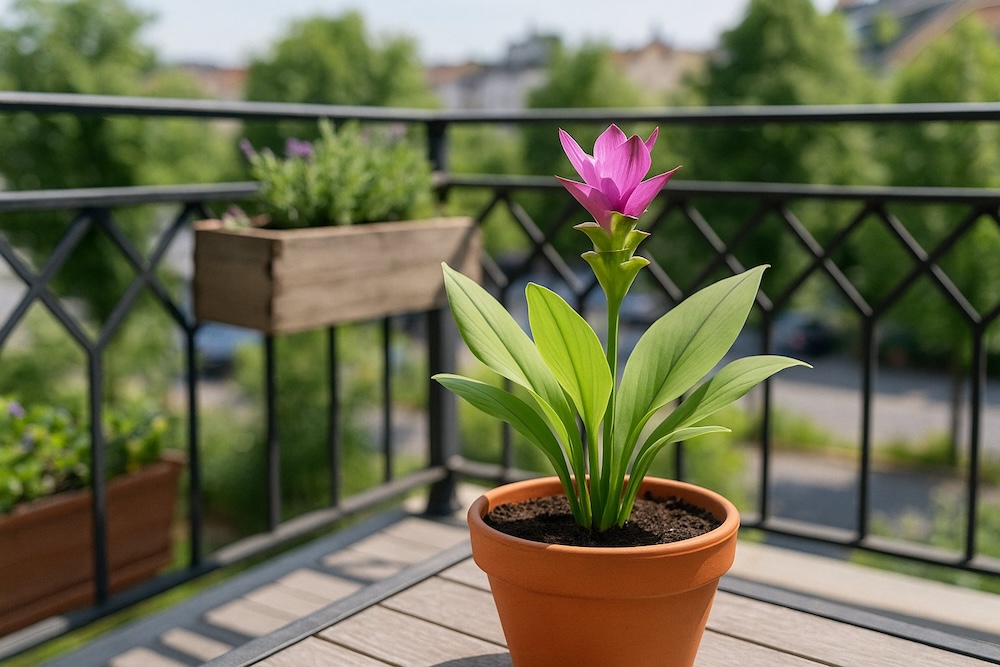 kwiat kurkuma na słonecznym balkonie 
