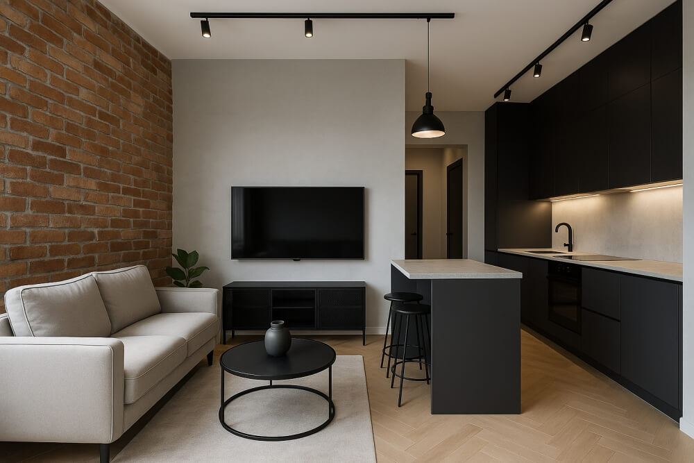 kuchnia w stylu loftowym z salonem 