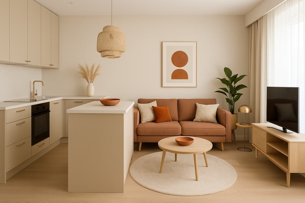 mała kuchnia z salonem 20 m2 z pomarańczową sofą 