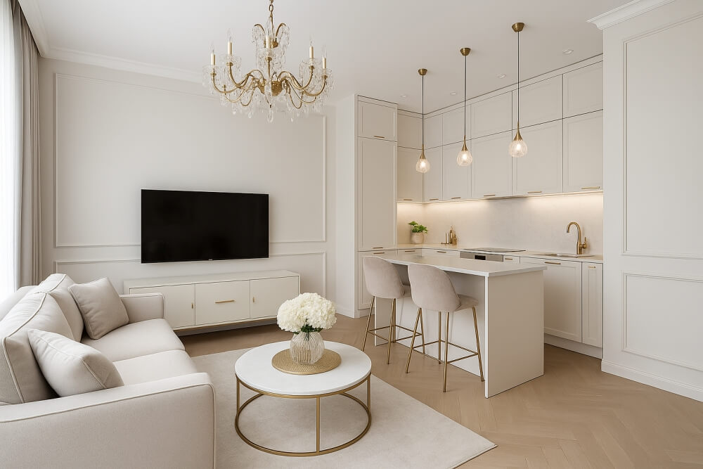 mała kuchnia z salonem 20 m2 w estetyce glamour 