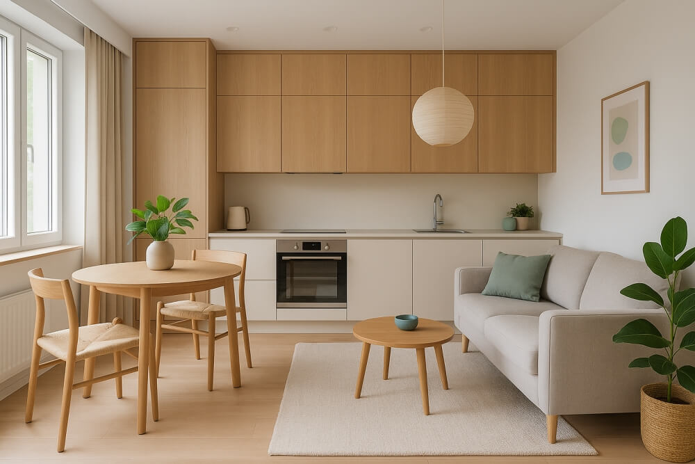 mała kuchnia z salonem 20 m2 z drewnianymi szafkami 