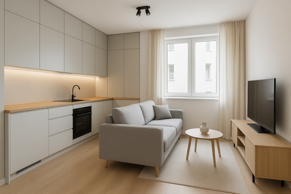 mała kuchnia z salonem 20 m2 z sofą i telewizorem 