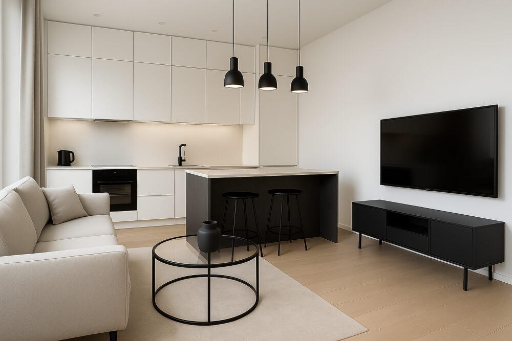 mała kuchnia z salonem 20 m2 w kolorach czerni i bieli 