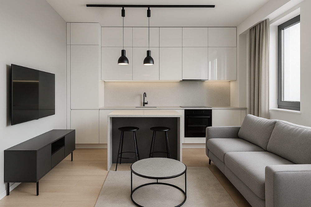 mała kuchnia z salonem 20 m2 z wyspą i szarą sofą 