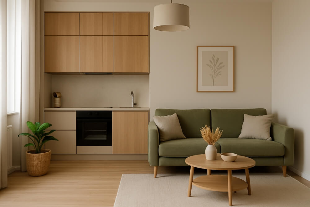 mała kuchnia z salonem 20 m2 z zieloną sofą 