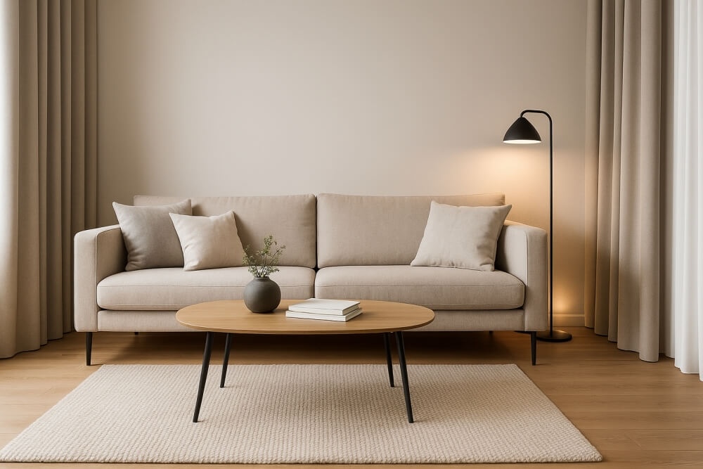 mały salon w jasnych kolorach z sofą i stolikiem 