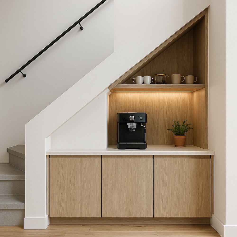 kącik kawowy pod schodami w domu 