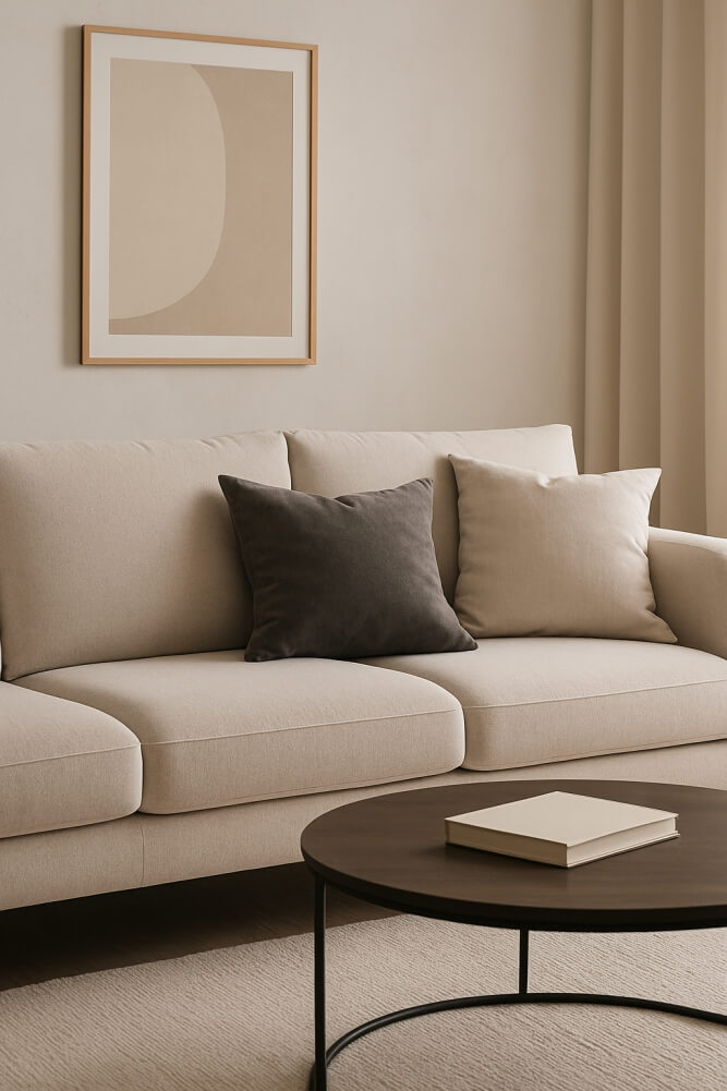 szara sofa w salonie z poduszkami 