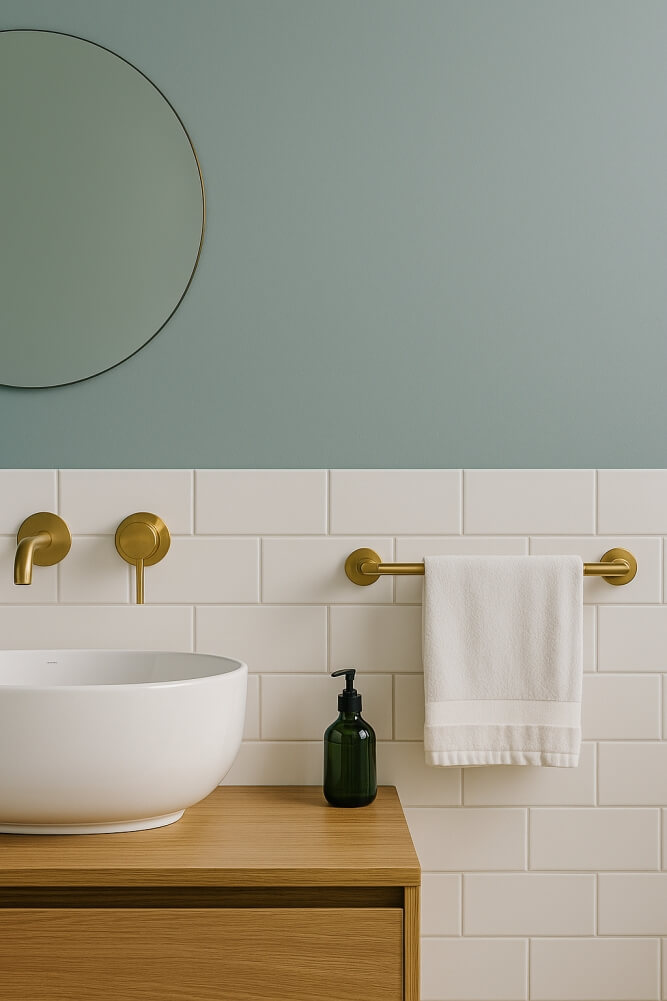 łazienka z pastelową błękitną ścianą 