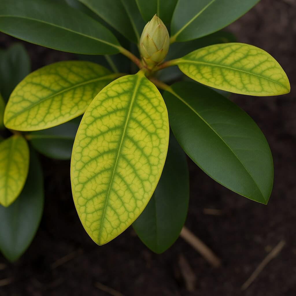 Niedobory składników pokarmowych rododendronów widoczne na liściach 