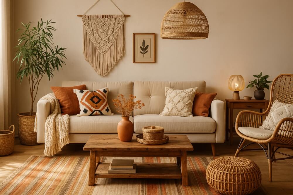 piękny salon w stylu boho 