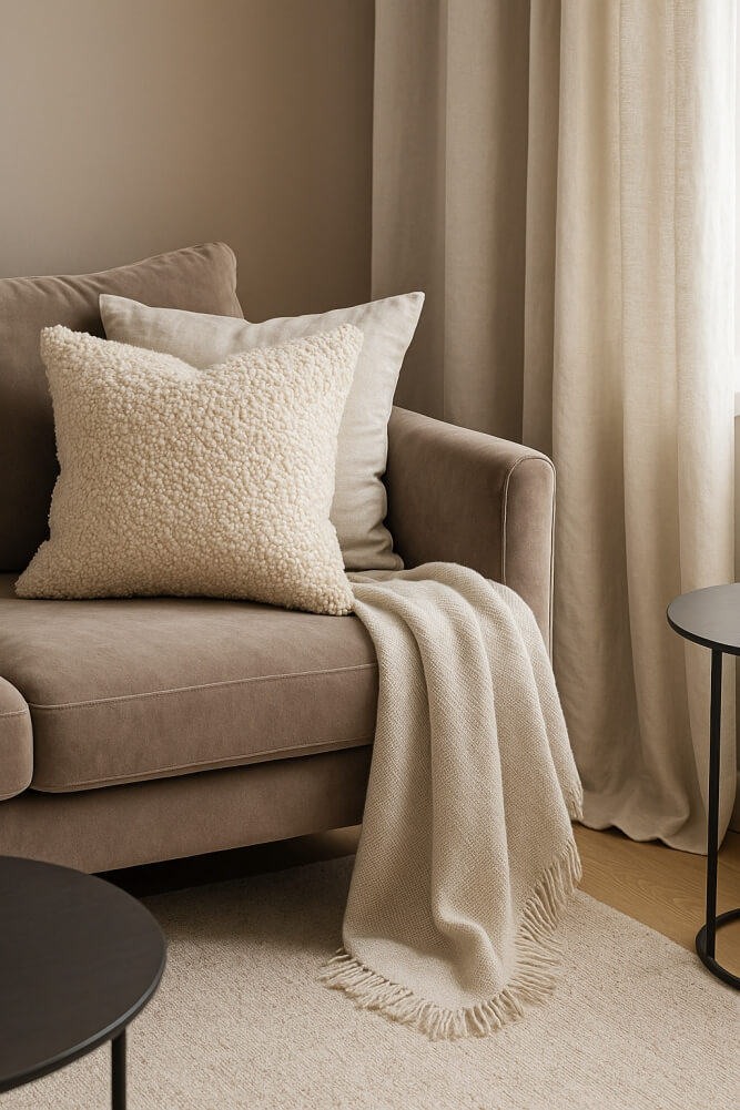 piękny salon - poduszki i pled na sofie 