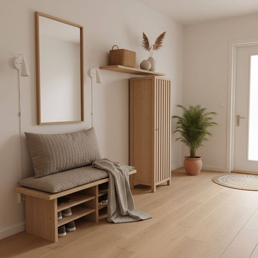 Przedpokój z drewnianymi meblami 