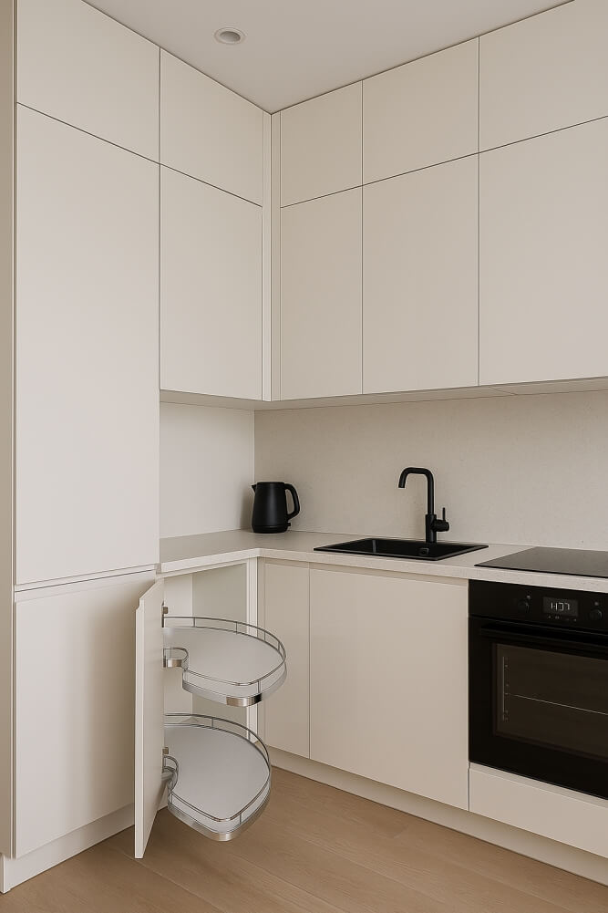 wysuwane szafki w małej kuchni z salonem 