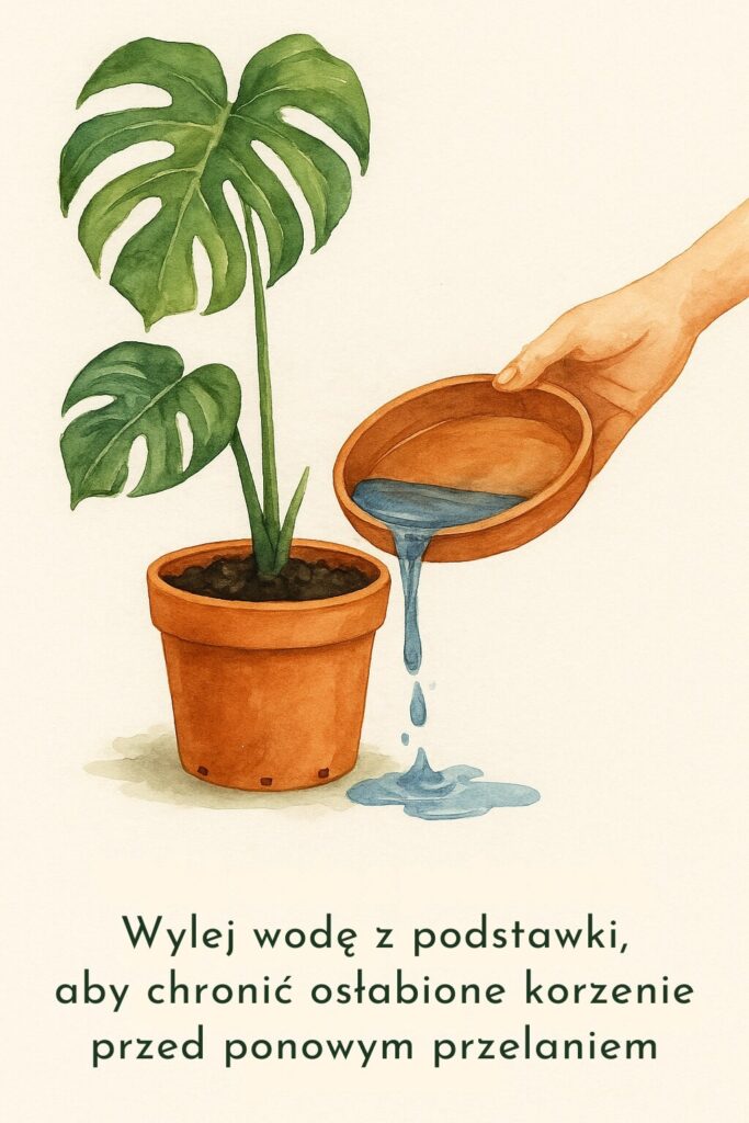 przelana monstera a woda zalegająca w podstawce
