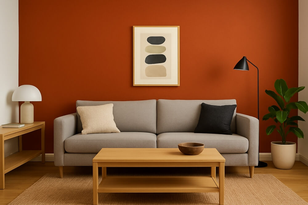 salon z rudą ścianą za sofą 