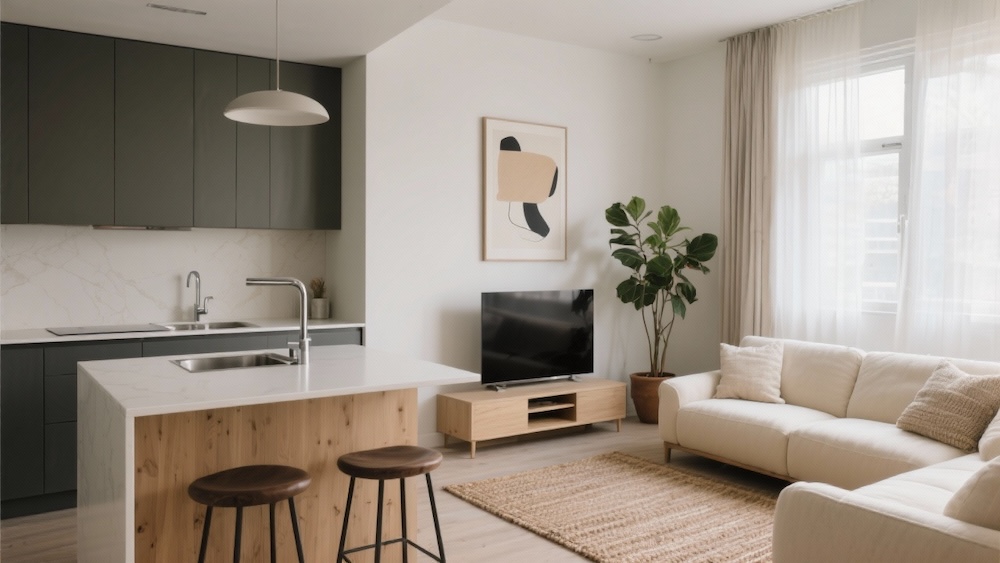 salon z aneksem kuchennym 22 m2 i wyspą ze zlewem 