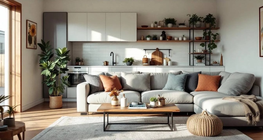 salon z aneksem kuchennym 22 m2 z sofą z poduszkami ustawioną tyłem 