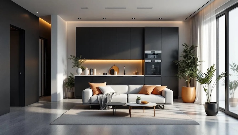 salon z aneksem kuchennym 22 m2 i jasną sofą 