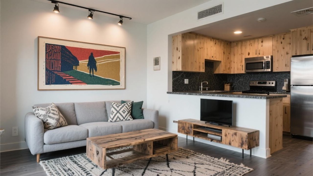 salon z aneksem kuchennym 22 m2 obok wyspy z sofą i telewizorem 